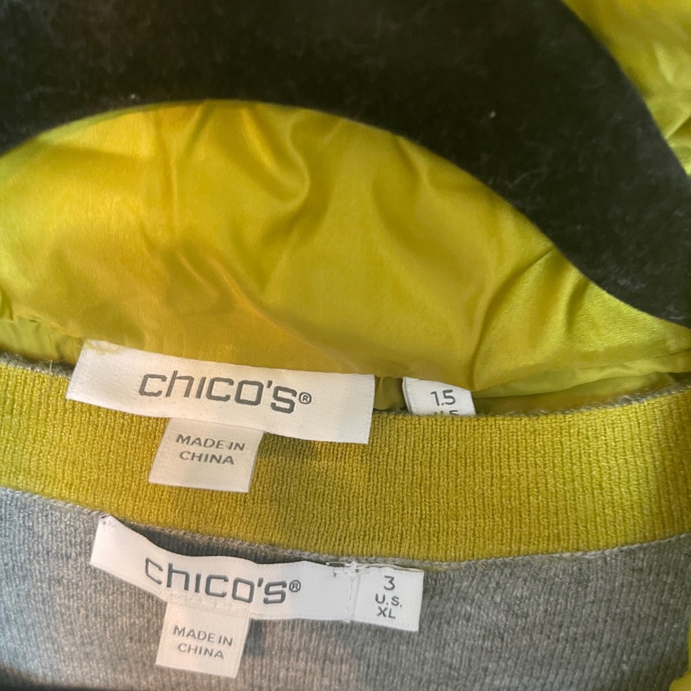 Chico's Gray and Yellow Crew Neck Sweater
